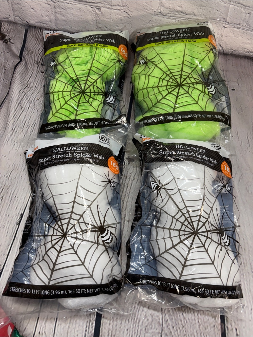Halloween Super Stretch Spider Web Decor - Neon Green & White (4 Pack)